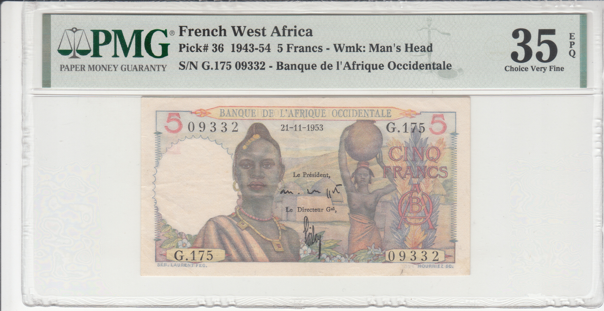 FRENCH WEST AFRICA P.36 - 5 Francs 1953 PMG 35 EPQ - Goltbeeck