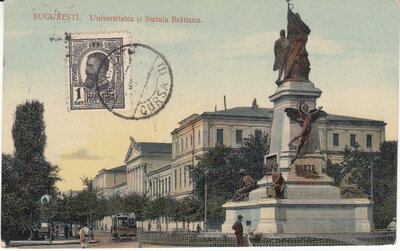 ROMANIA Bucharest - Universit. si Statuia Bratianu, mailed 1911 Vintage Postcard