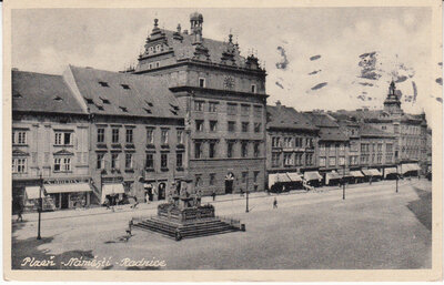 BOHEMIA & MORAVIA Plzen - Namesti Radrice, mailed 1941 Vintage Postcard