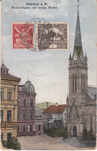 CZECHOSLOVAKIA Gablonz - Bismarckplatz mit Kirche, mailed 1921 Vintage Postcard