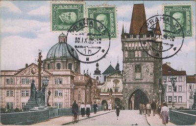 CZECHOSLOVAKIA Prague - Old City Bridge Tower and monastery of the Crusaders, mailed 1929 Vintage Postcard