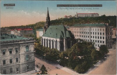 CZECHOSLOVAKIA Brno - Spilberk, nova technika a evang. kostel, mailed 1922 Vintage Postcard