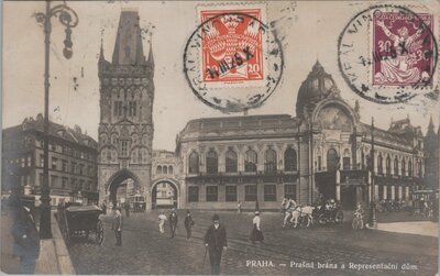 CZECHOSLOVAKIA Praha - Prasna brana a Representacni dum, mailed 1929 Vintage Postcard