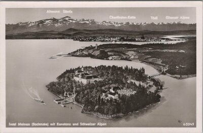 GERMANY Insel Mainau (Bodensee) mit Konstanz und Schweizer Alpen, circa 1920-1940 Vintage Postcard