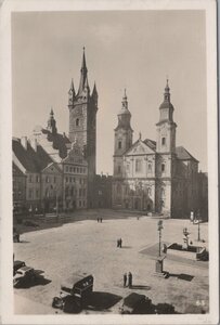 CZECHOSLOVAKIA Klatovy - Namesti s Jezuitskym Kostelem, mailed 1938 Vintage Postcard