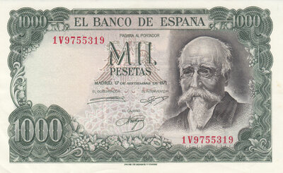 SPAIN P.154a - 1000 Pesetas 1971 AU